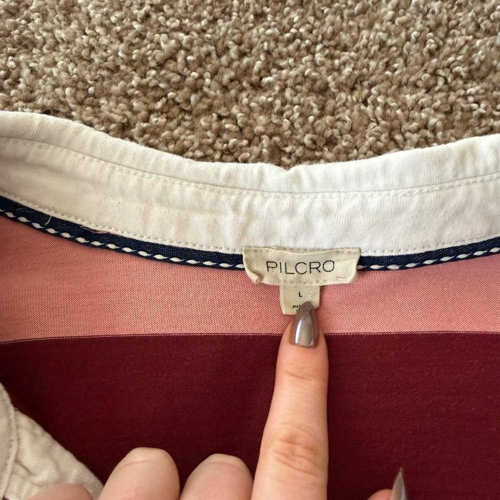 Anthropologie Pilcro Striped Cotton Pink White & Burgundy Rugby Polo Shirt Sz L - Picture 3 of 5